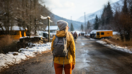 Back view of young woman with backpack walking on winter road in mountains.の素材