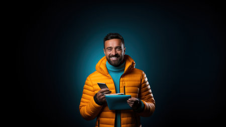 Young man in a yellow jacket holding a tablet on a dark blue backgroundの素材