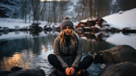 Beautiful girl sitting on a rock in the middle of a frozen lakeの素材
