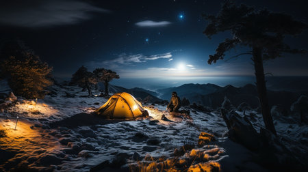 Night camping in the mountains with a tent and a beautiful starry skyの素材
