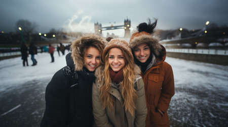 Group of happy friends in winter clothes looking at camera and smiling.の素材