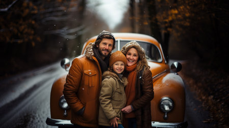 Portrait of happy family standing in front of vintage car at winterの素材