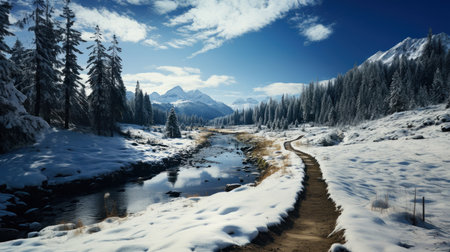 Beautiful winter landscape with mountain river and snow covered fir trees.の素材