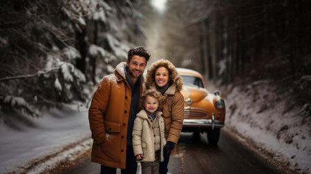 Portrait of happy family standing in front of a vintage car in winter forest.の素材