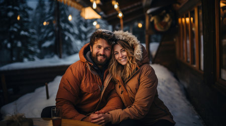Beautiful young couple on the background of a wooden house on a winter evening.の素材