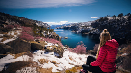 Woman sitting on the edge of a cliff and looking at the lake.の素材