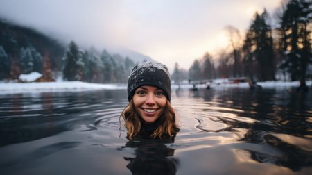 Portrait of a beautiful girl in a black hat swimming on frozen lake.の素材