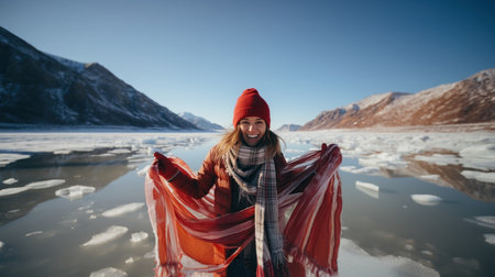 Beautiful young woman in a red scarf on a frozen lake in winter.の素材