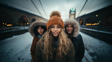 Three friends on a winter evening in the city.の素材