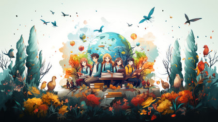 Children sitting on a bench in the autumn park. Children's illustration.の素材