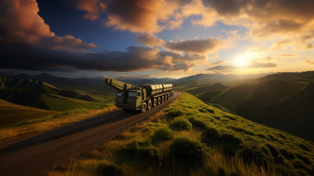 Truck on the road in the mountains at sunset. 3d renderingの素材