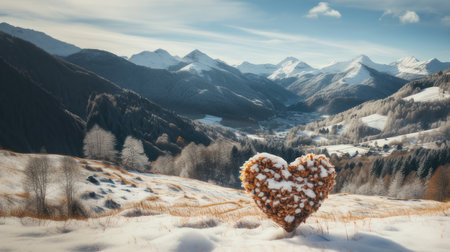 Valentines day background. Heart in the mountains. Beautiful winter landscape.の素材
