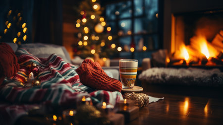 Cup of hot drink with marshmallows and knitted plaid near fireplace at home.の素材