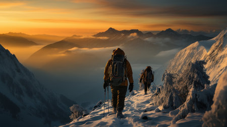 Two hikers in the mountains at sunset. Beautiful winter landscape with snow covered mountains.の素材