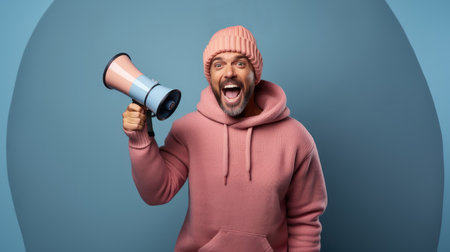Happy man in pink hoodie and winter hat with megaphone on blue background.の素材