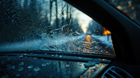 View from inside of car on broken drops on windshield and road with cars in winter background.の素材