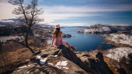 A young woman in a pink dress and hat sits on the edge of a cliff overlooking the fjord in Norway.の素材