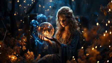 Beautiful fairy girl with magic crystal ball in the deep forest at night.の素材