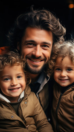 smiling father and kids looking at camera while standing together on blackの素材