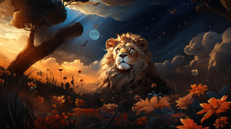 cartoon scene with lion in the meadow - illustration for childrenの素材