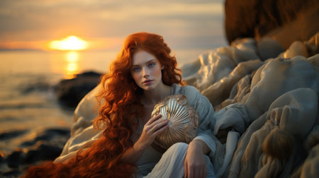 Portrait of a beautiful red-haired girl with long curly hair on the background of the sea.の素材