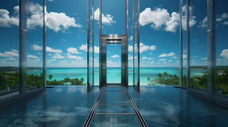 3D rendering of an elevator in a modern building overlooking the seaの素材