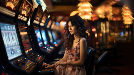 Young beautiful brunette woman playing slot machine in casino. Casino backgroundの素材