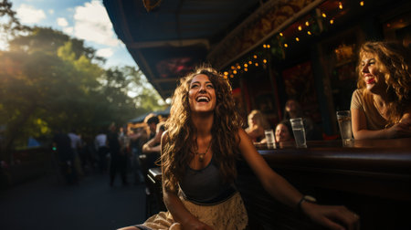 Group of young people having fun at a beer bar on a sunny dayの素材