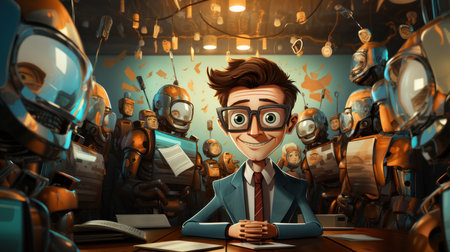 Funny cartoon man in a blue suit and glasses sitting at the table in the office. 3D rendering.の素材