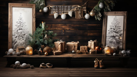 Beautiful Christmas interior with decorations and gift boxes on the wooden background.の素材