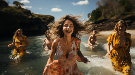 Group of friends having fun on the beach, splashing water and having funの素材