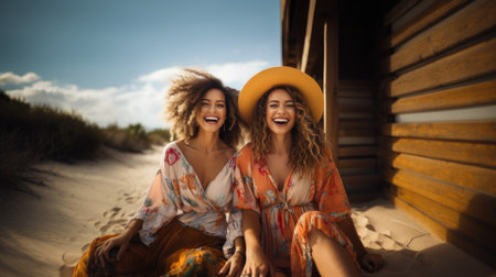 Two happy young women laughing and looking at camera on the beach.の素材