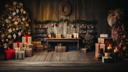 Christmas tree with presents and fireplace on wooden background. Holiday concept.の素材
