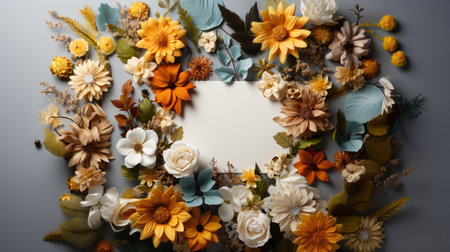 Autumn composition. Frame made of dried flowers on dark background.の素材