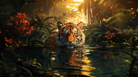 Tiger swimming in the pond with sunlight. 3d illustration.の素材