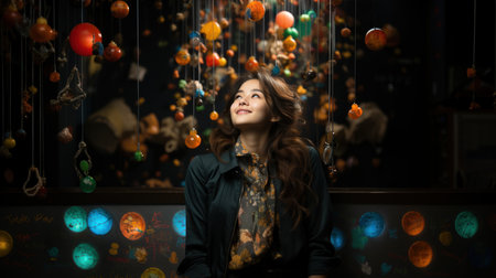 Beautiful asian woman with christmas balls hanging on the wallの素材
