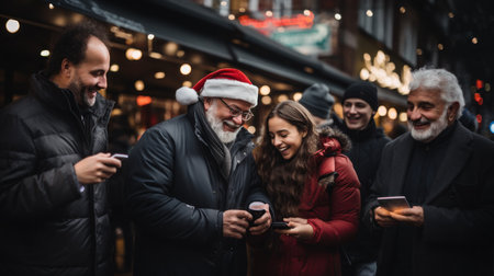 multiethnic group of friends in santa hats using smartphones in cityの素材
