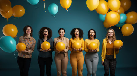 Group of diverse young women holding balloons and smiling while standing against blue backgroundの素材