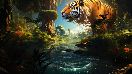 Tiger in the jungle - 3D rendered illustration of a tigerの素材