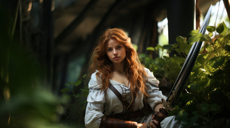Beautiful red-haired girl with a sword in the garden.の素材