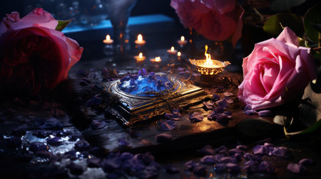 Romantic still life with old book, candles and roses on wooden tableの素材