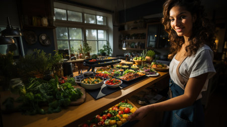 Portrait of young waitress preparing food in kitchen at counter in restaurantの素材