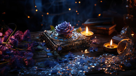Burning candles, books and purple hydrangea flowers on wooden tableの素材