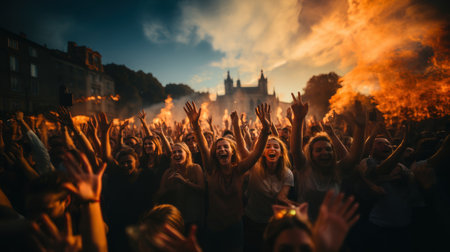 Cheering crowd at a music festival in Edinburgh, Scotland, UKの素材