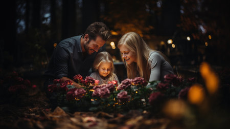 Happy family with a child in the autumn park on the background of flowersの素材
