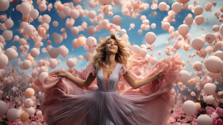 Beautiful blonde woman in a long dress on a background of pink balloonsの素材