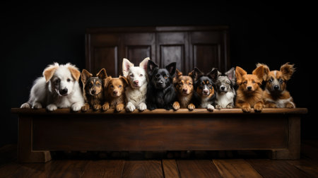 Group of dogs in a wooden box on a dark background, studio shotの素材