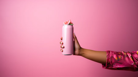 cropped view of african american woman holding pink spray can isolated on pinkの素材