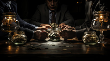 Businessmen counting money in a jar on the table in the darkの素材