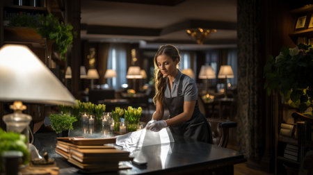 Beautiful young woman in apron sitting at table and reading bookの素材